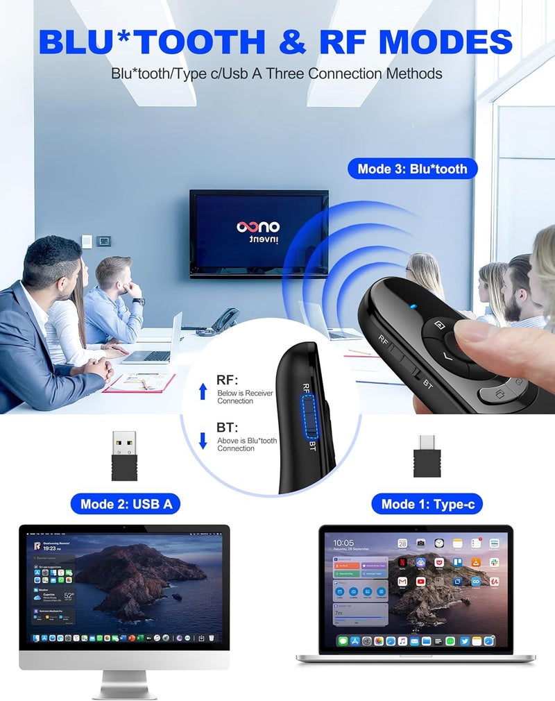 DinoFire جهاز عرض لاسلكي USB Type C، جهاز تحكم عن بُعد مزدوج الوضع BT&RF 2.4GHz لعرض PowerPoint متوافق مع أجهزة الكمبيوتر المحمولة وأجهزة الكمبيوتر المكتبية المدعومة بتقنية Bluetooth - Image 1